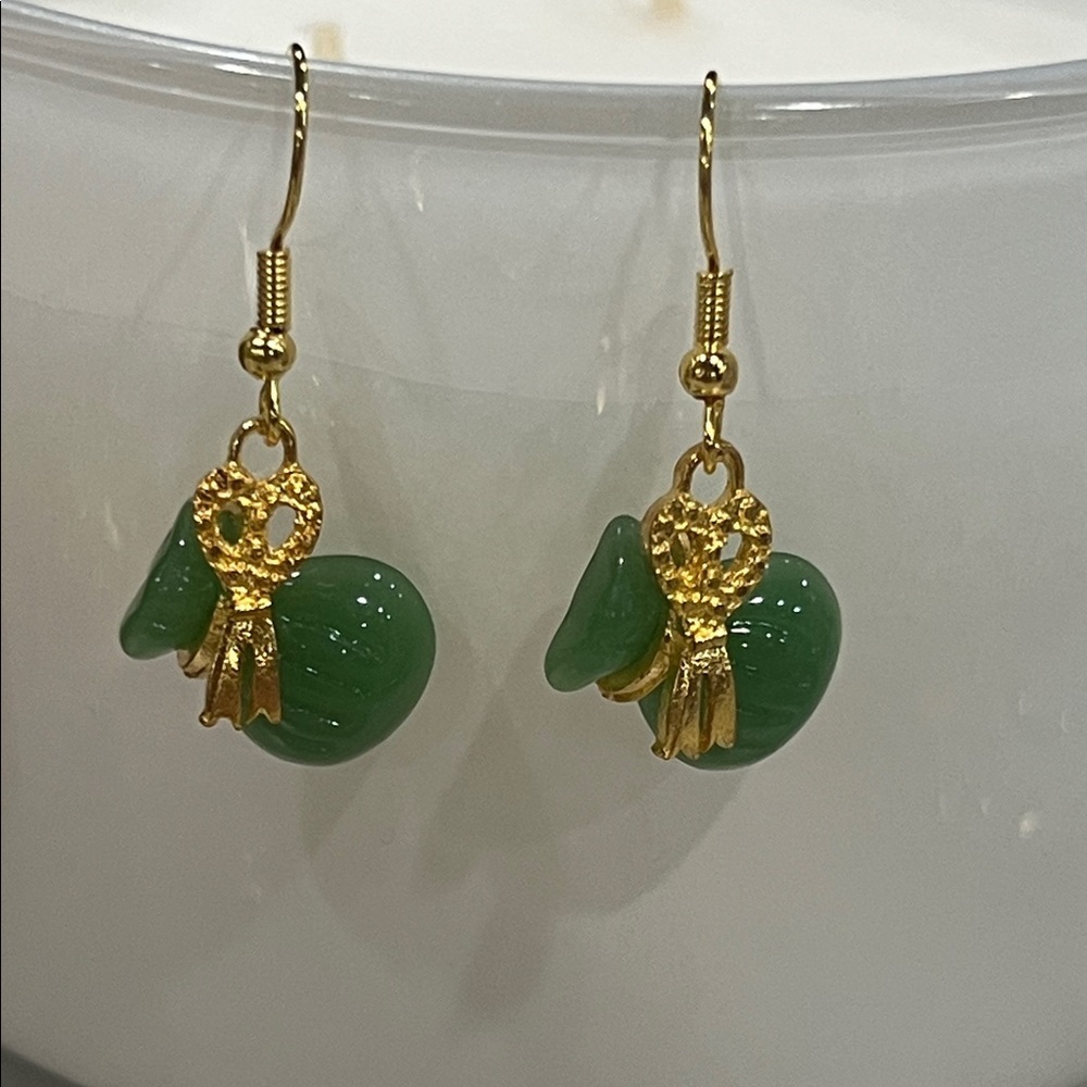 Green Jade Drop Earrings Gold Tone | Good Fortune Prosperity Stone Jewelry